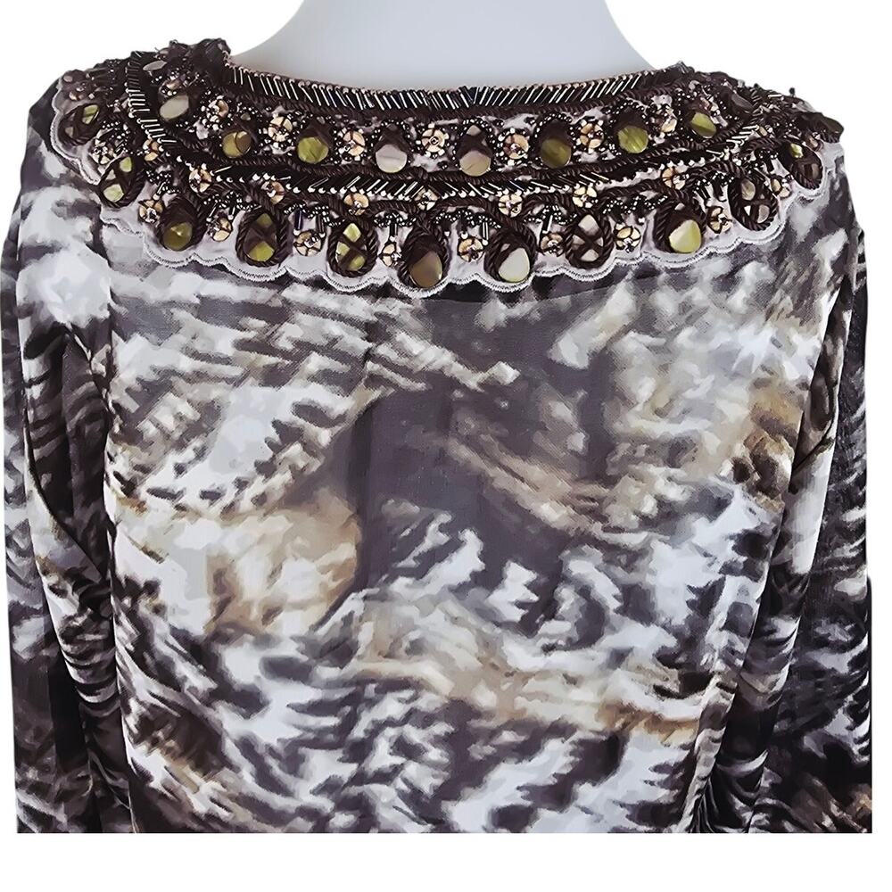 Chico's Animal Print Semi Sheer Beaded Stones Neck Sleeve Women's Blouse 2-M-12 - Picture 6 of 8